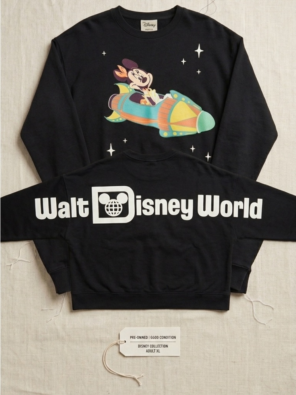 Disney Black Sweatshirt with Colorful Rocket Minnie Graphic Woman’s XL